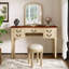 Coiffeuse de maquillage rétro avec miroir à cadre floral courbé, 5 tiroirs, tabouret en cuir et pieds en bois massif pour un décor de chambre à coucher élégant