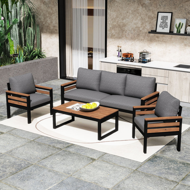 Ensemble de conversation d'extérieur 4 pièces pour 5 personnes, ensemble de canapé de patio avec table basse et coussins amovibles