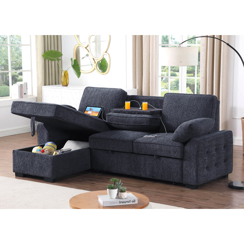 Chenille Fabric Reversible Sleeper Sectional With Storage Chaise, Drop-Down Table, Cup Holders And Charging Ports