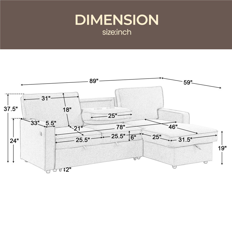 Canapé-lit modulaire Upholstery avec espace de rangement, port USB, 2 porte-gobelets sur les coussins de dossier