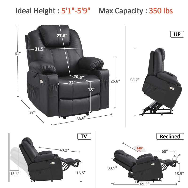 87.9cm Wide Lift Assist Standard Recliner with Massager, Black 