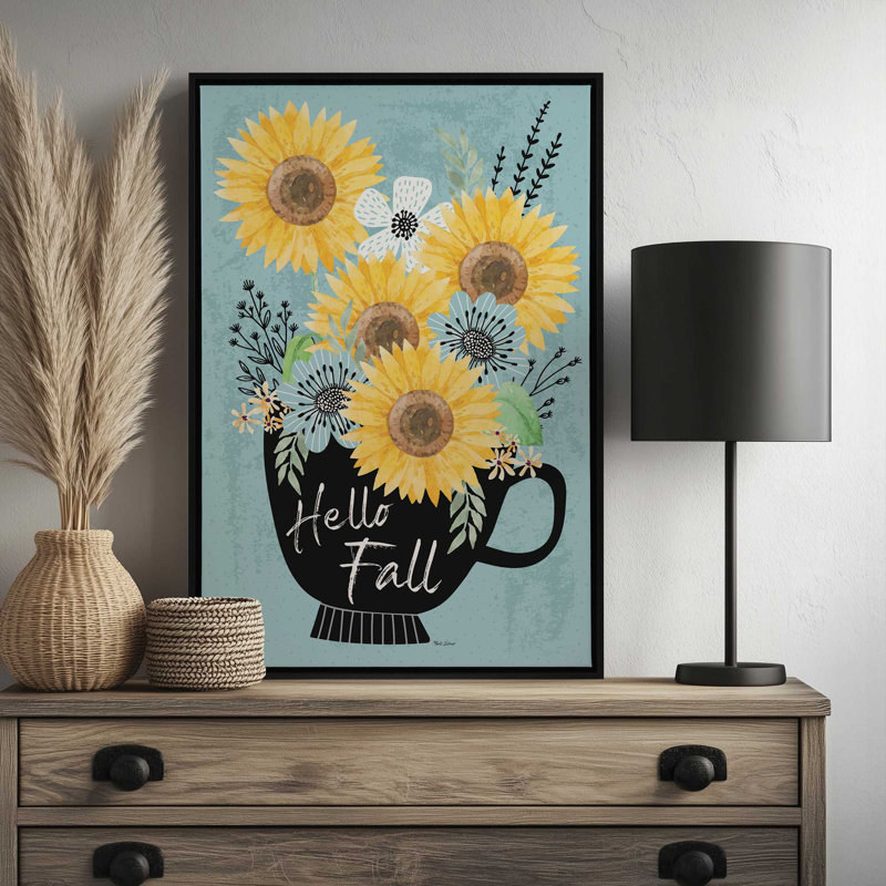 «Harvest Sunflowers Coffee Cup» par Nicole DeCamp, reproduction d'art, Toile avec cadre, 20 W x 30 H, White