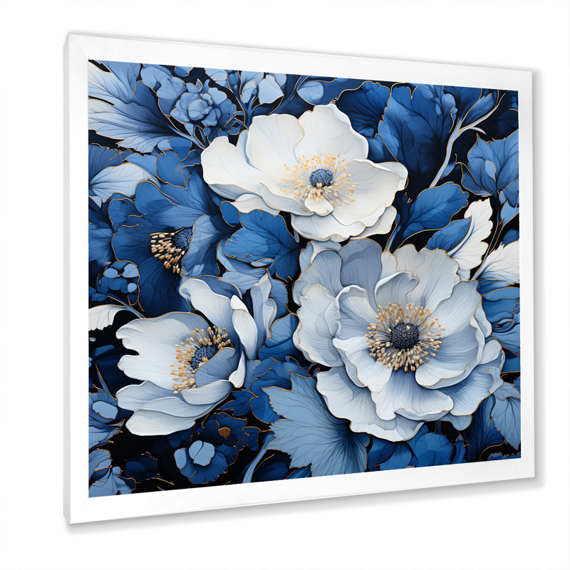 Aquarelle de fleurs saisonnières bleues et blanches II - Fleurs, art mural, H 16 po x l 16 po x P 1 po, Cadre simple blanc