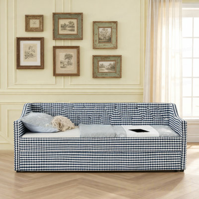 Lit de jour simple, lit de jour convertible rembourré avec dossier capitonné, canapé-lit polyvalent 3 en 1 avec lit gigogne escamotable et rangement latéral, vie compacte