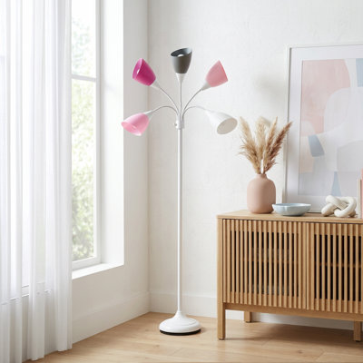 Lampe sur pied ajustable à col de cygne 5 lumières Tarbert, blanc, rose, gris fumé, abat-jour blanc, H 67 po