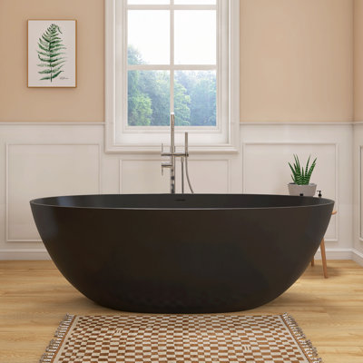 Baignoire autoportante Fslefay 65'' en résine de pierre de surface solide, avec trop-plein et bonde escamotable, noire
