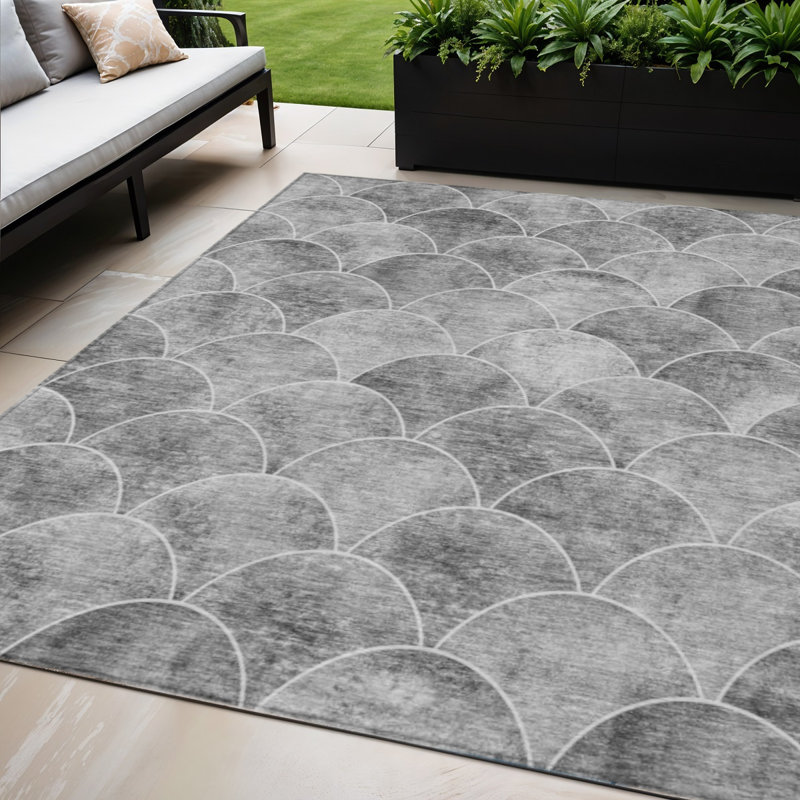 Tapis extérieur lavable abstrait gris anthracite et ivoire 8 pi x 10 pi