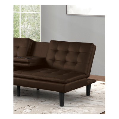 Brown Leatherette Futon Sofa Bed with Drop-Down Table, Cup Holders, and USB Charging Ports
