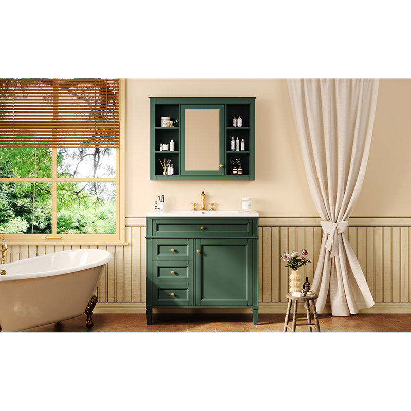 Meuble-lavabo simple avec armoire et miroir en céramique, 2 portes à fermeture douce et 4 tiroirs fonctionnels, Vert