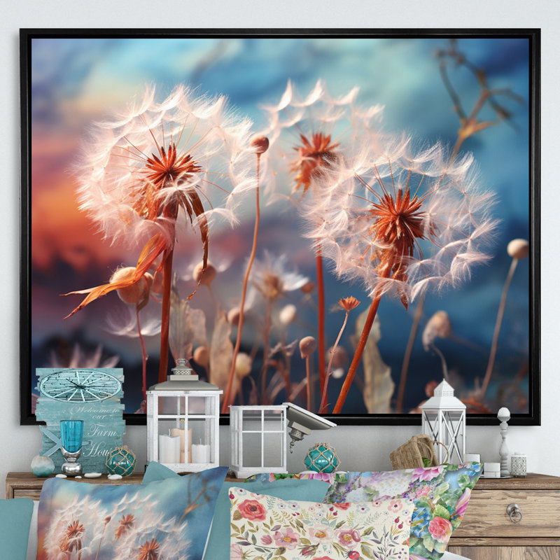 Blue Dandelion Dancing In The Morning III - Floral Wall Art Living Room, H 16 po x l 32 po, Cadre flottant noir