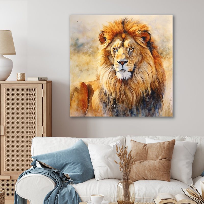 Fierce lion IV - animaux, art mural sur toile, H 24 po x l 24 po, Gold Picture Framed