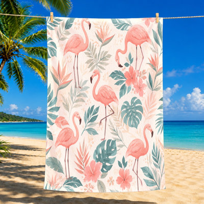 1PCS Tropical Flamingo Beach Towel, Vibrant and Floral Pattern, Quick Dry Microfiber for, Pool, Travel, Outdoor Activities, Artistic Design