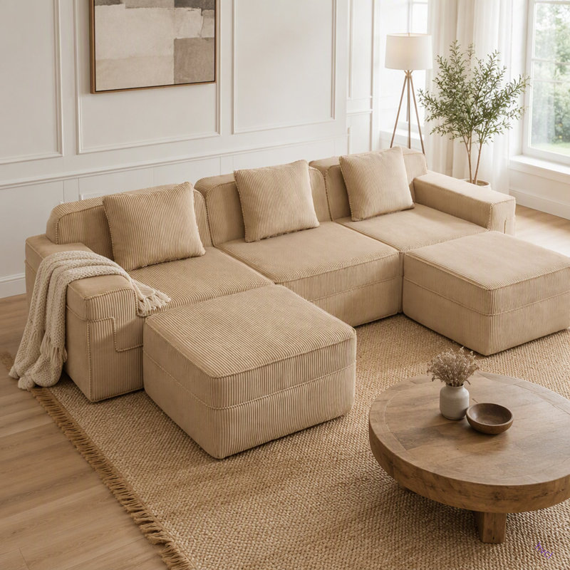 Canapé modulaire modulaire à 3 places en forme de U sans os, canapé modulaire Cloud avec assise profonde, canapé modulaire moderne à 3 places avec coussins décoratifs et 2 repose-pieds amovibles, tissu en velours côtelé