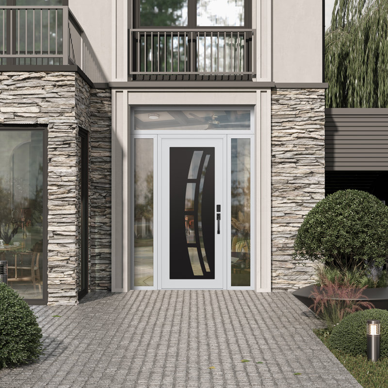 C12 à gauche 60 po X 96 po Panneau en acier noir et blanc et verre transparent blanc avec 2 panneaux d'entrée latéraux et porte d'entrée avant en verre transparent