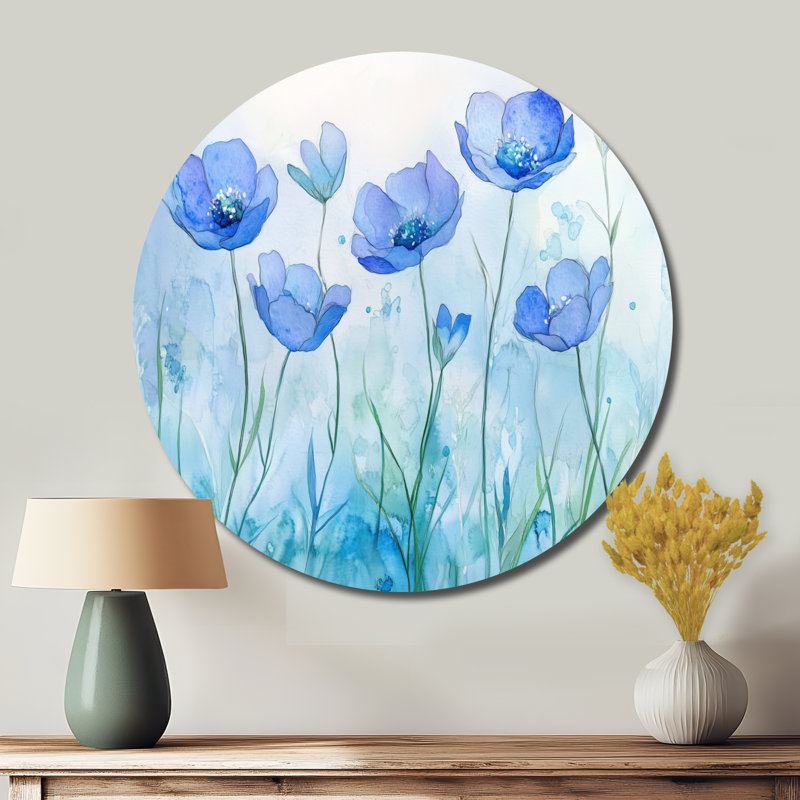 Champ de fleurs bleues bleues en été - Décoration murale ronde en métal fleurs sauvages, L 36 po x H 36 po