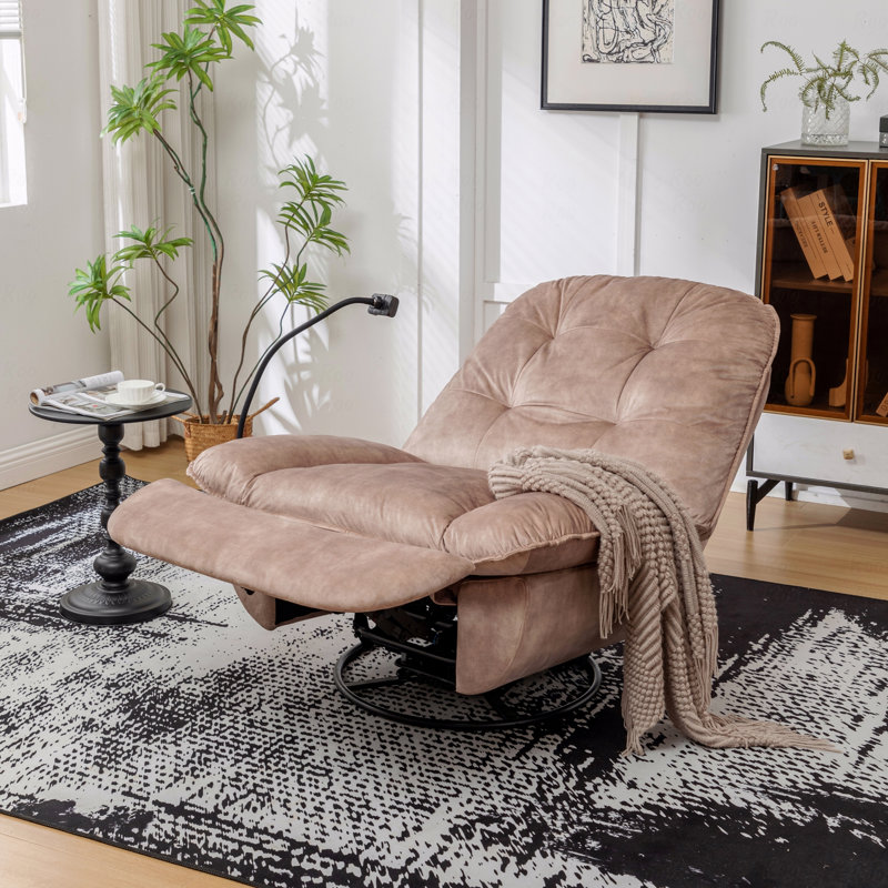 Natural Brown With Recliner Function, Reclining Lazy Chair, Mobile Phone Holder, Large And Comfortable Reading Chair, Swivel Gliding With Rocking Function Chair, Gold-Stamped Velvet