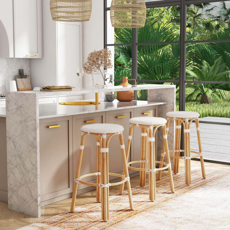 Tobias Rattan Bar Stool & Counter Stool, Glossy White/Natural Rattan Frame, Bar Stool (30" Seat Height)