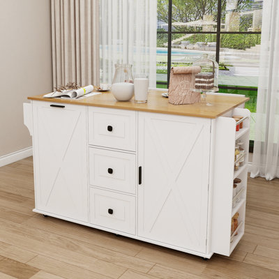 Rolling Kitchen Island With Drop Leaf, Trash Can Cabinet, Drawers And Storage, Black