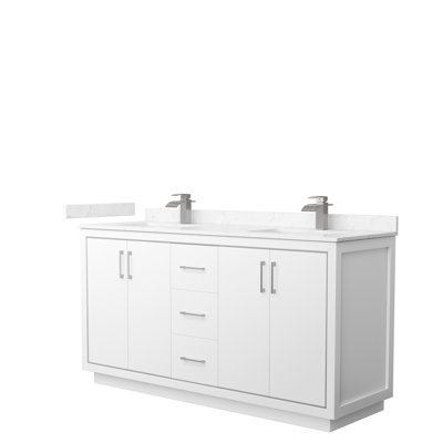 Meuble-lavabo double de 66 po Icon en bleu foncé, comptoir en marbre de culture de Carrare, lavabos carrés encastrés, marbre de culture en nickel brossé