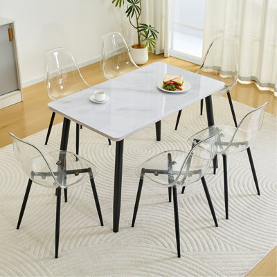 Table and Chair Set.Modern rectangular dining table.White Tempered glass countertop+lower MDF board.Paired with 6 Transparent Plastic Chairs with Blac