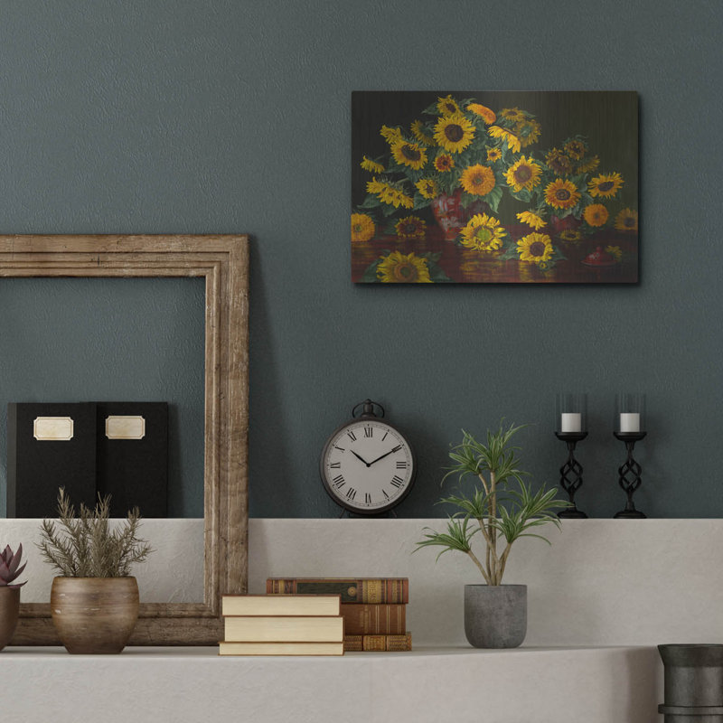 «Sunflowers With Two Crimson Vases» par Christopher Pierce, art mural en métal, H 12 po x l 16 po
