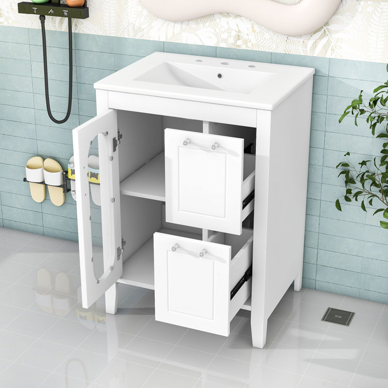 Meuble-lavabo simple autoportant contemporain avec porte en verre Moru et tablette réglable, Blanc