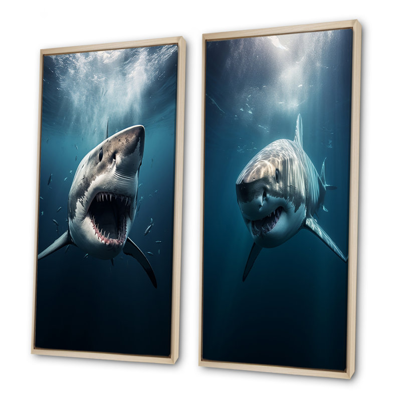 Blue Shark Apex Predator Photo - Shark Wall Decor Set Of 2, 28" H x 25" W, Brown Framed