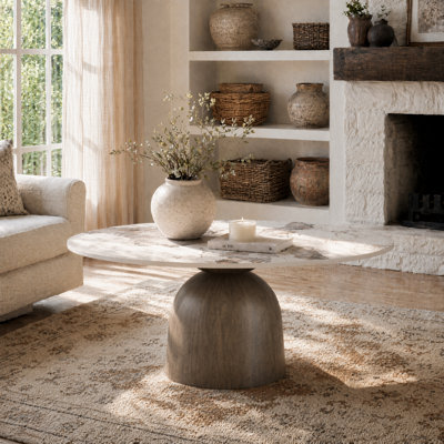 Meranda Round Stone Coffee Table With Solid Wood Pedestal For Living Room & Home Decor