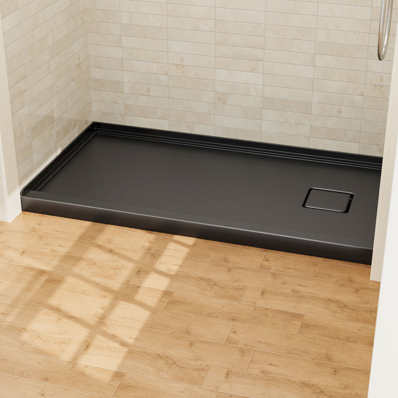 Base de douche en acrylique 60 po x 32 po GT, panneau de douche à seuil simple, antidérapant pour drain à droite, noir brillant