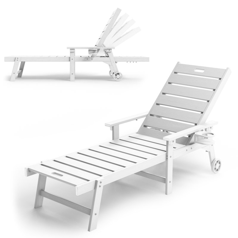 All-Weather HIPS Outdoor Patio Chaise Lounge Chair with 5 Positions, Easy Installation Patio Chaise Lounger with Wide Arms & Rotating Cup Holders & Smooth Bearing Wheels for Pool/Poolside/Beach/Deck/Patio/Backyard, White