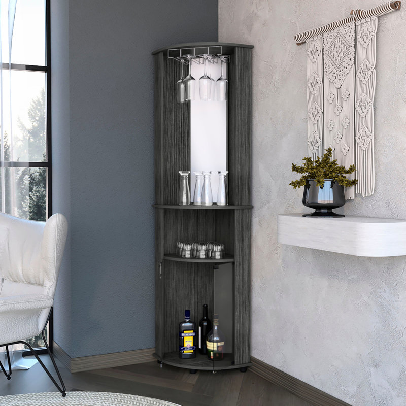 Ensemble de bar à 3 tablettes en chêne, avec portes en verre simple et tablette de rangement en chêne, portes, miroir élégant