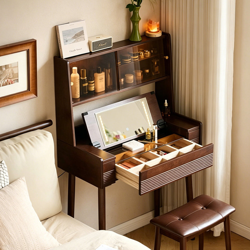 Coiffeuse 31,5 "en bois massif brun simple avec miroir relevable, 51.18" H x31.5" W x 15.75" D