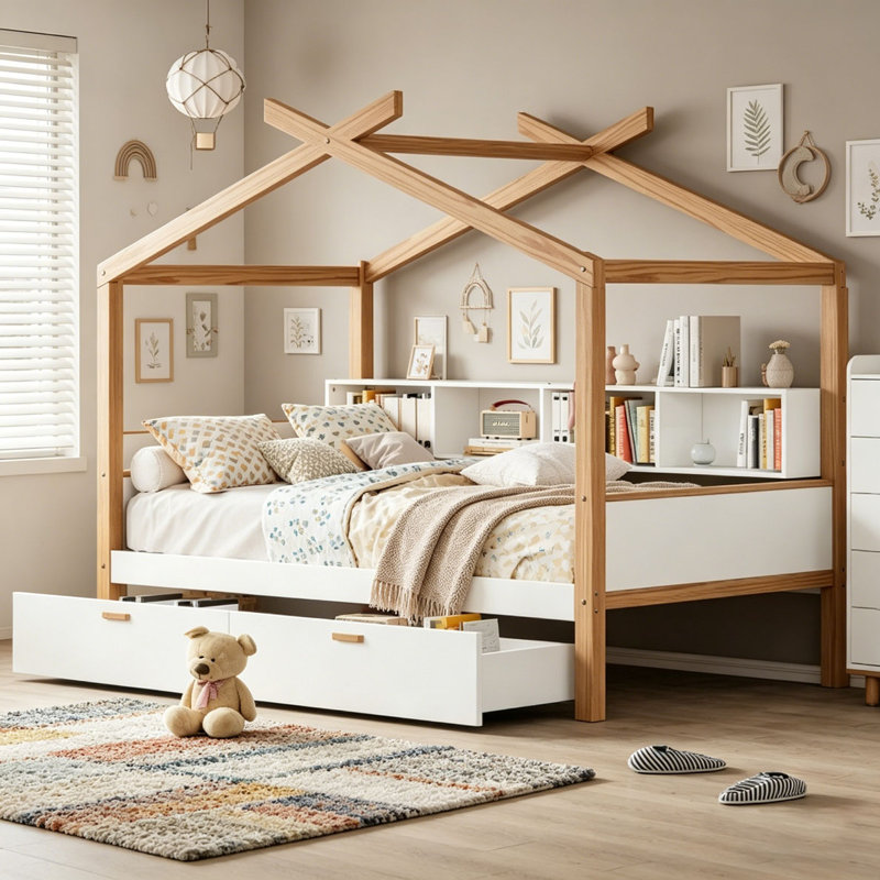Cadre de lit en bois blanc pour lit simple blanc, Lit double, Blanc + deux tiroirs