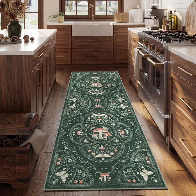 Tapis à poils courts à motif champignon gothique pour salon, chambre et cuisine, Vert, 2 x 6 pi