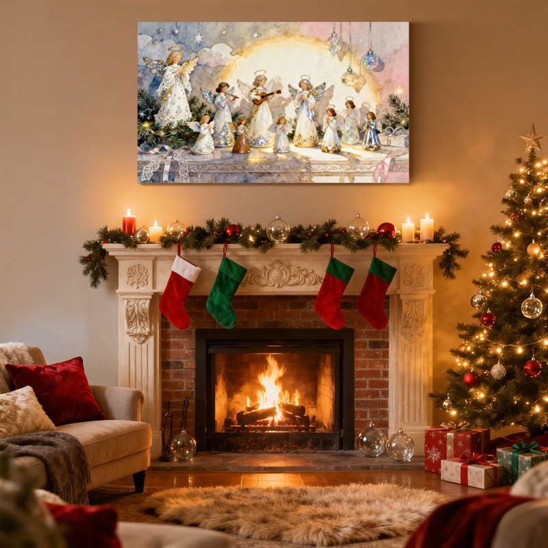 «Christmas Angels Singing Christmas Scene With Ornaments», ensemble de 3 impressions sur toile, H 12 po x l 18 po
