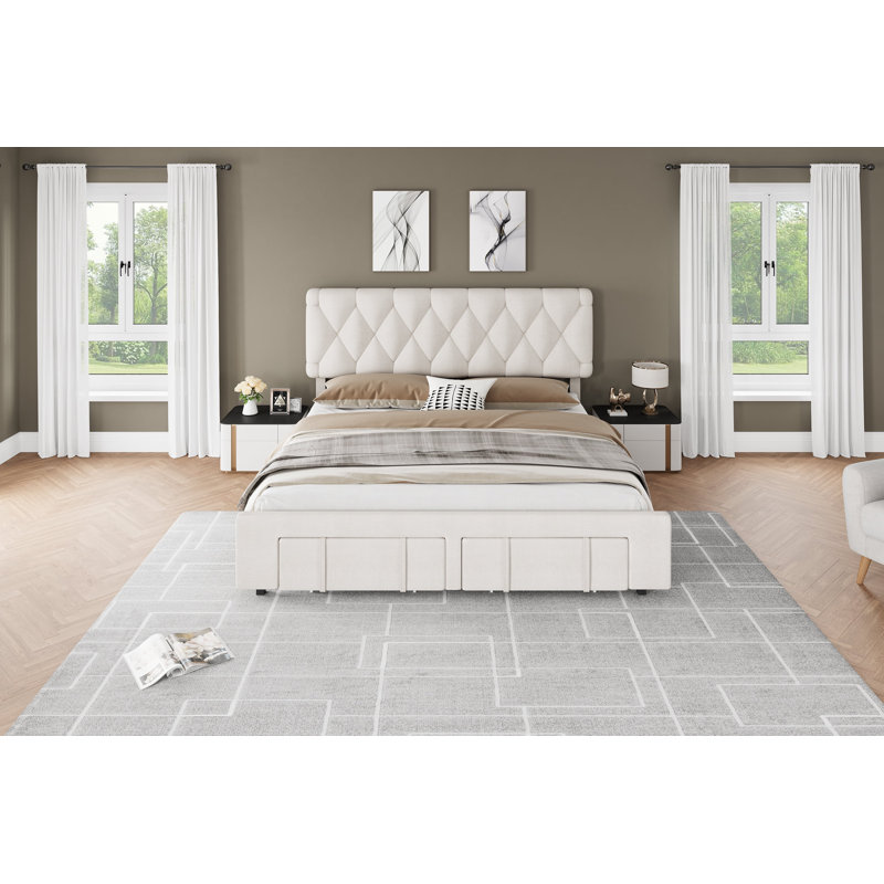 Structure de lit double avec tête de lit capitonnée à motif de losanges, structure de lit plateforme tapissier avec tiroir de rangement, support de lattes en bois robuste, aucun sommier nécessaire, silencieux, beige