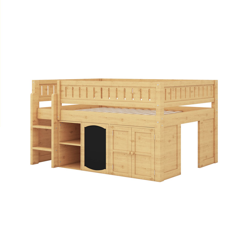 Lit mezzanine double avec armoire de rangement, Naturel
