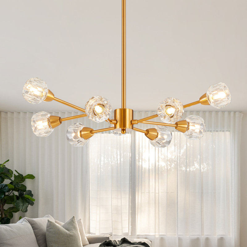  Lustre moderne Spoutnik 9 lumières avec abat-jour en cristal pour salle à manger ou salon, Or