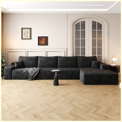 135" Black L-Shaped Cloud Sectional Couch with Chaise, Plush Corduroy Fabric, No Assembly Required
