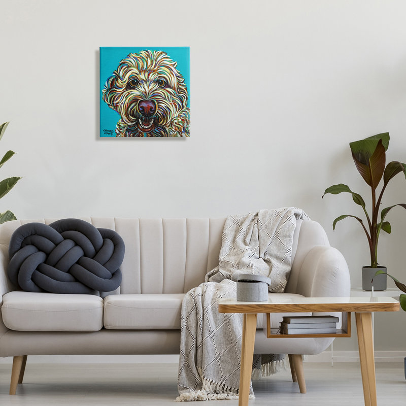 «Blue Pop Style Bright Bold Shaggy Dog Portrait» par Carolee Vitaletti - impression, H 17 po x l 17 po x P 1,5 po