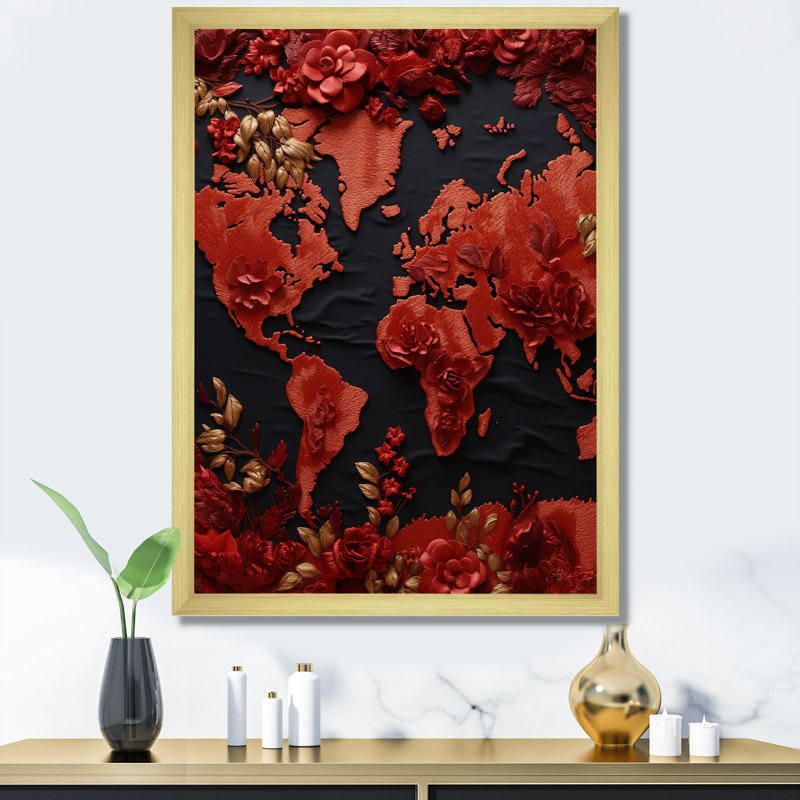 «Nomads Scarlet Red Map» sur toile, H 20 po x l 12 po x P 1 po, Cadre doré simple