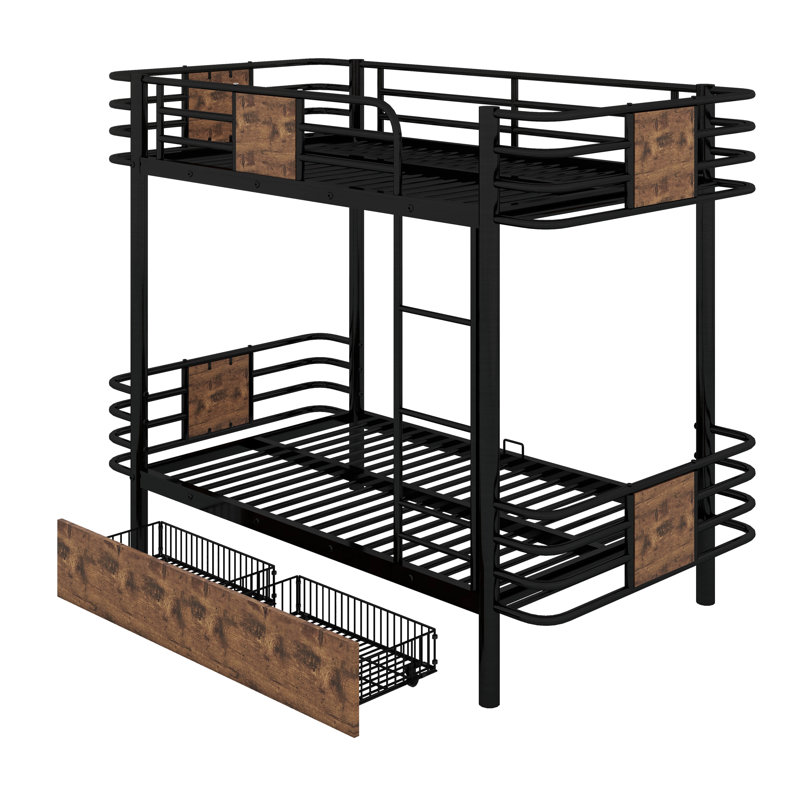 Adiel Extra Long Twin Over Extra Long Twin Bunk Bed with Built-In Ladder, Black