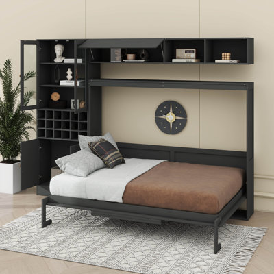 Lit escamotable mural avec canapé encastré, tablettes, ports de chargement USB et éclairage