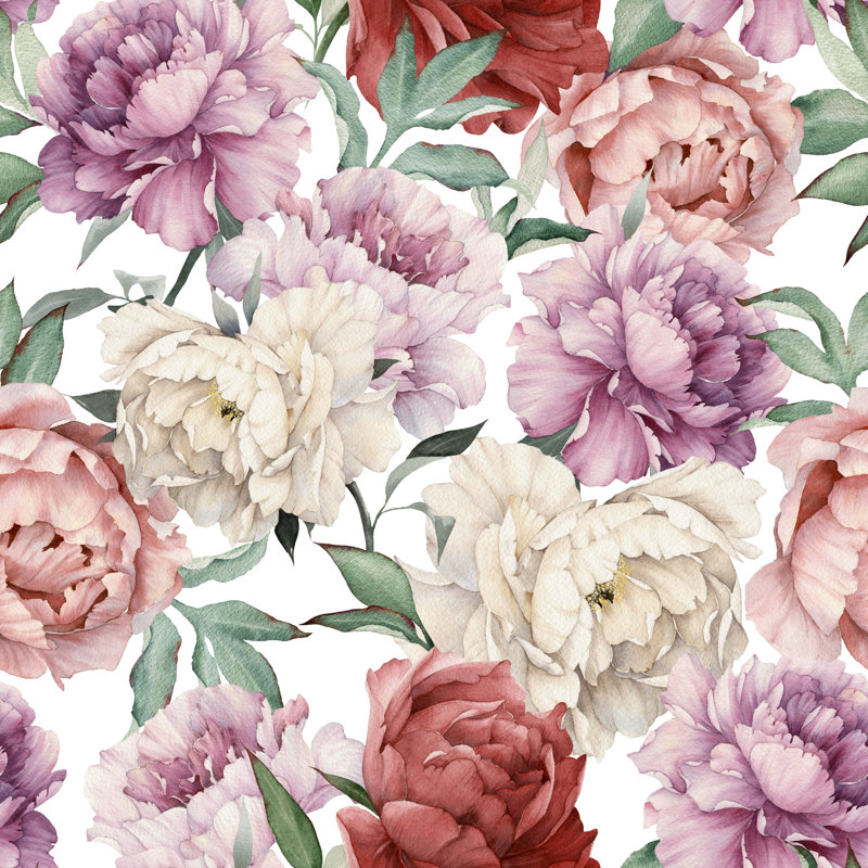 Murale 4 pièces Knightstown Peony, Blanc, L 8,33 pi x l 100 po