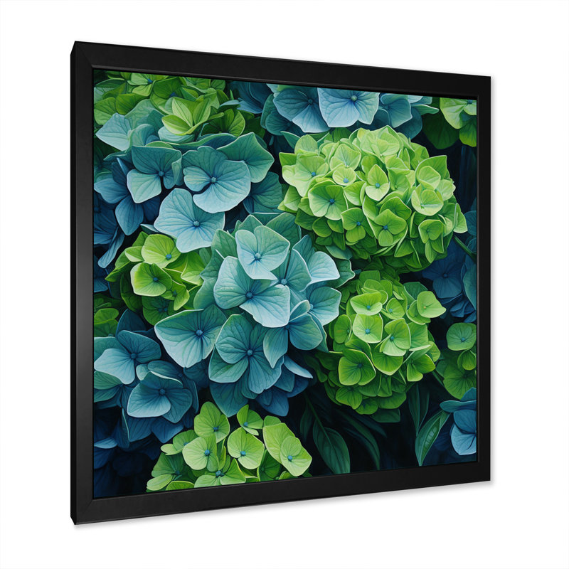 Vert, bleu, hortensia, fleurs d'émeraude - art mural encadré hortensia, H 30 po x l 30 po x P 1 po, Cadre simple noir