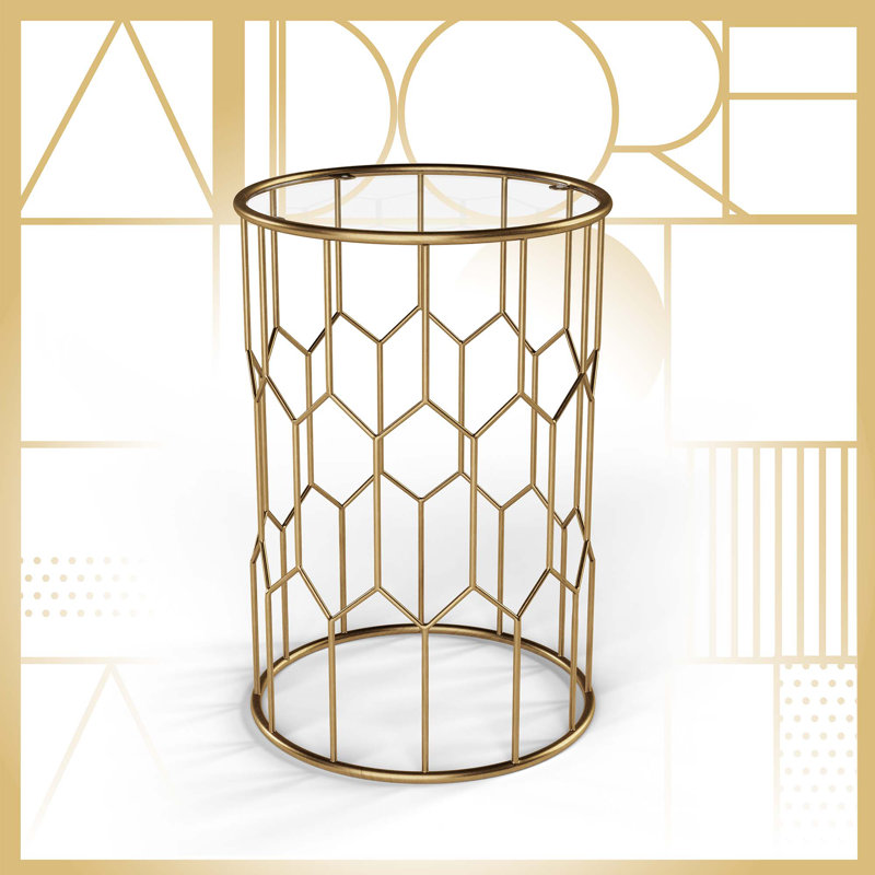 Harper Round Glass Top Accent Side Table with Gold Metal Frame, 16-Inch