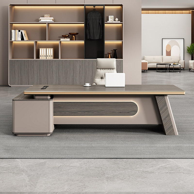 Bureau de direction 86,61 po moderne en forme de L gris minimaliste, H 29,53 po x l 86,61 po x P 62,99 po
