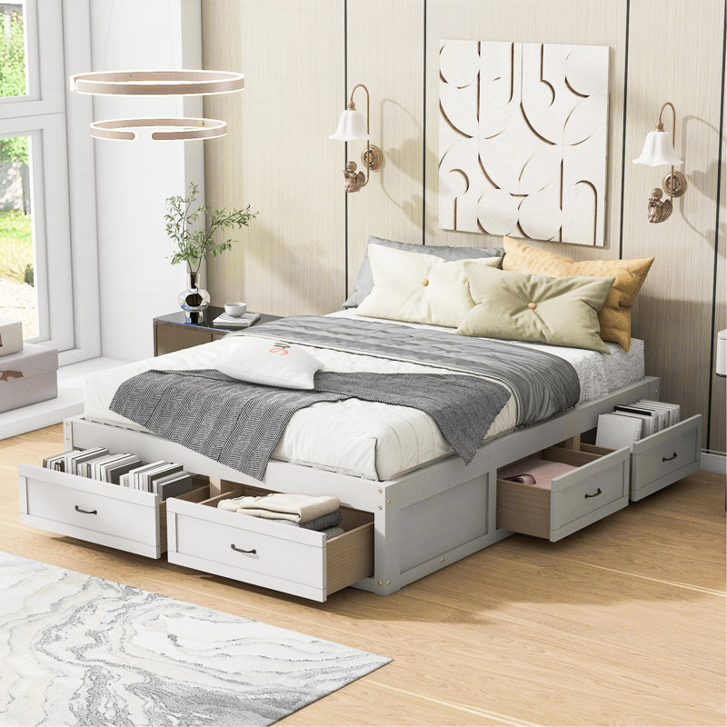 Grand lit plateforme avec 6 tiroirs de rangement, Grand lit, Blanc antique