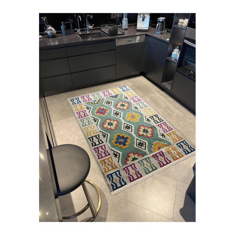 Tapis décoratif vert à motif géométrique multicolore, Sous-tapis rectangulaire de 3 pi 3 po x 4 pi 11 po