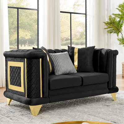 Velours de luxe de style Mid-Century moderne de 69 pouces avec acier inoxydable doré et 3 coussins exquis pour le salon - garniture en pouces, espace principal texturé